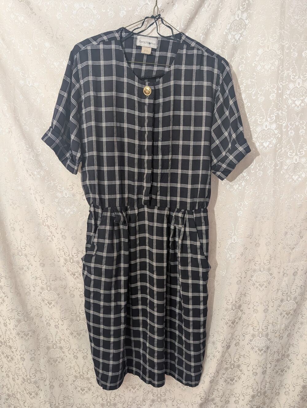 Vintage 90s Apostrophe Plaid Midi Dress Elastic Waist Corporate Chic